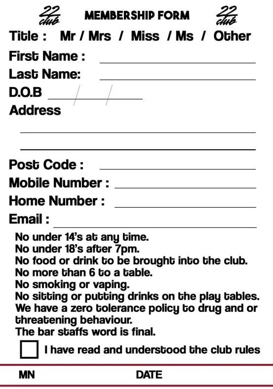 22 Club Membership Form – fields for title, name, date of birth, address, contact details, and club rules acknowledgement